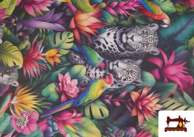 Venta online de Tela de Loneta Multicolor Tropical con Leopardos