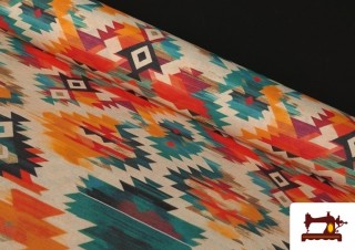 Tela de Loneta Étnica Estampado Naranja y Turquesa