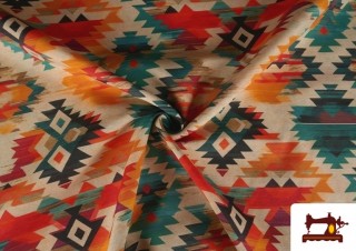 Venta online de Tela de Loneta Étnica Estampado Naranja y Turquesa
