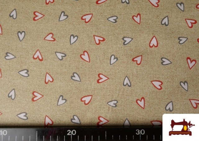 Venta de Tela de Loneta Corazones Fondo Beige