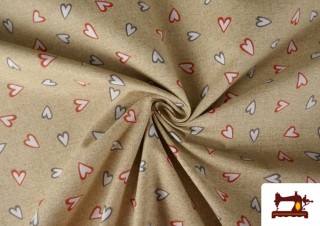 Comprar online Tela de Loneta Corazones Fondo Beige ancho 140cms