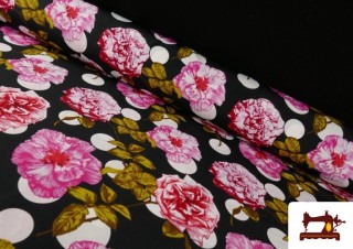 Tela de Flamenca con Flores Rosas y Topos color Negro