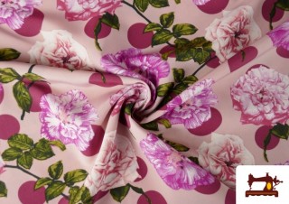 Comprar Tela de Flamenca con Flores Rosas y Topos color Granate