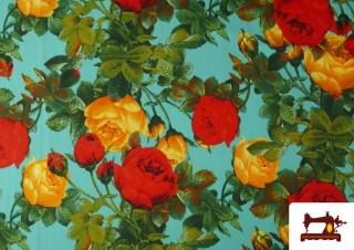 Venta de Tela para Vestido de Flamenca con Flores Rojas y Amarillas color Azul turquesa