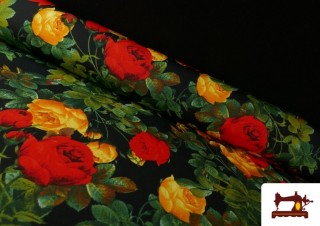 Tela para Vestido de Flamenca con Flores Rojas y Amarillas color Negro