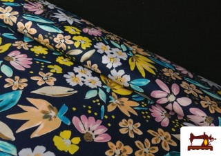 Tela de Algodón Floral Fondo Azul Marino con Elastán para Vestuario