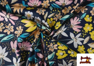 Venta online de Tela de Algodón Floral Fondo Azul Marino con Elastán para Vestuario