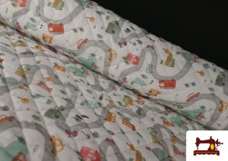 Tela Acolchada de Algodón Infantil con Dibujo Estampado de Coches y Carreteras