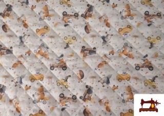 Tela Acolchada de  Pique de Algodón Estampado Infantil de Animales y Coches
