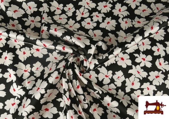 Venta online de Tela Crep Saten Estampada Flores Detalles Rojos