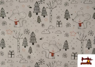 Venta de Tela de Algodón con Dibujo de Ratones Amorosos Infantiles