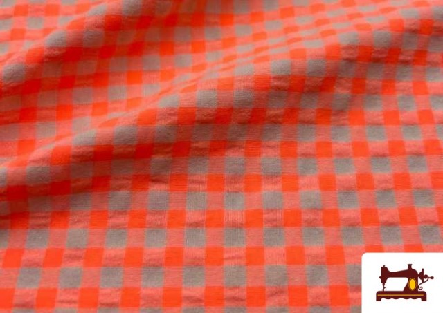 Comprar online Tela  de Cuadros  Vichy Fluor y  Colores  Arrugado Seersuker color Naranja flúor