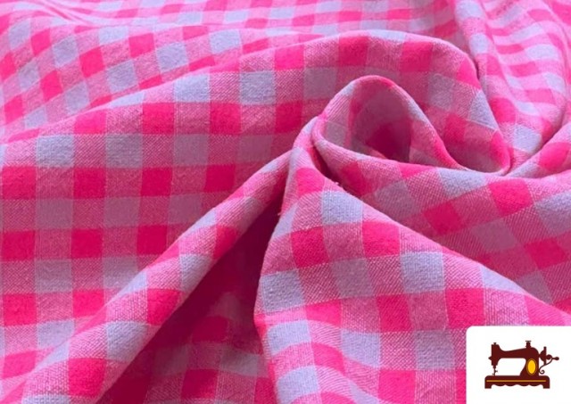 Tela  de Cuadros  Vichy Fluor y  Colores  Arrugado Seersuker color Rosa flúor
