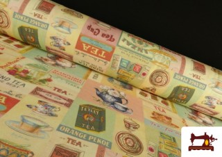 Tela de Loneta Estampada Con Temática de Té