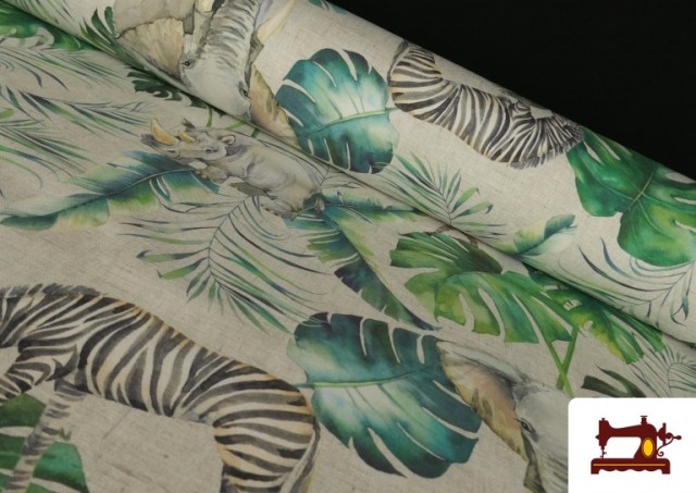 Comprar Tela de Loneta Tropical con Zebras y Elefantes color Verde