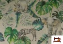Venta de Tela de Loneta Tropical con Zebras y Elefantes color Verde
