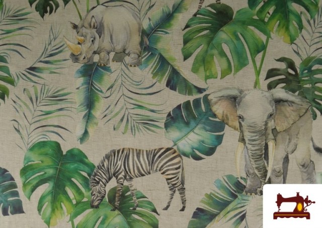 Venta de Tela de Loneta Tropical con Zebras y Elefantes color Verde