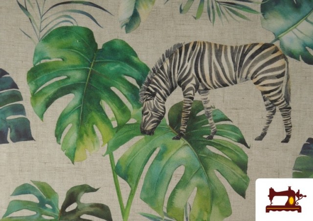 Comprar online Tela de Loneta Tropical con Zebras y Elefantes color Verde