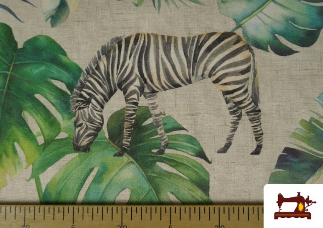 Venta online de Tela de Loneta Tropical con Zebras y Elefantes color Verde