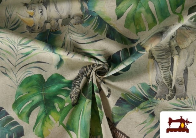 Comprar Tela de Loneta Tropical con Zebras y Elefantes color Verde
