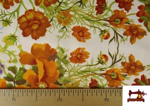 Comprar Tela de Loneta con Flores Naranjas