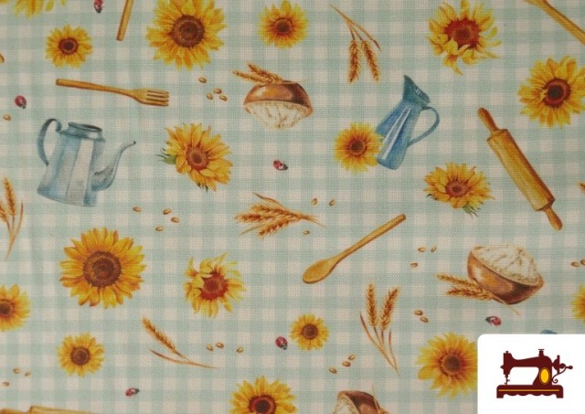 Comprar online Tela de Loneta de Girasoles y Utensilios de Cocina