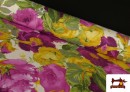 Tela de Panama Estampado con  Flores Grandes Moradas y Amarillas