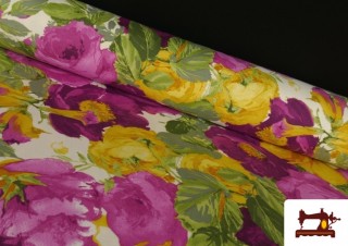 Tela de Panama Estampado con  Flores Grandes Moradas y Amarillas