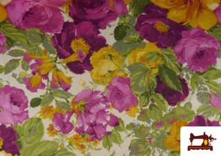 Comprar Tela de Panama Estampado con  Flores Grandes Moradas y Amarillas