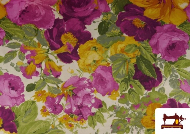 Comprar Tela de Panama Estampado con  Flores Grandes Moradas y Amarillas