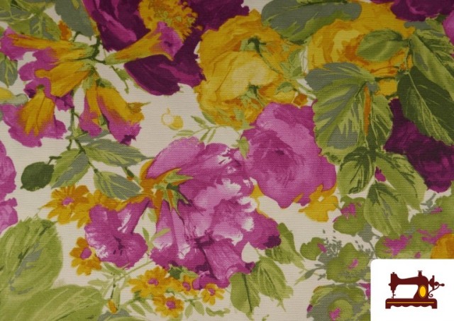 Venta de Tela de Panama Estampado con  Flores Grandes Moradas y Amarillas
