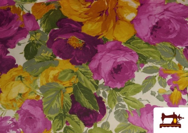 Comprar online Tela de Panama Estampado con  Flores Grandes Moradas y Amarillas