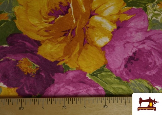 Venta online de Tela de Panama Estampado con  Flores Grandes Moradas y Amarillas