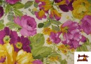 Tela de Panama Estampado con  Flores Grandes Moradas y Amarillas