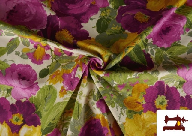 Tela de Panama Estampado con  Flores Grandes Moradas y Amarillas