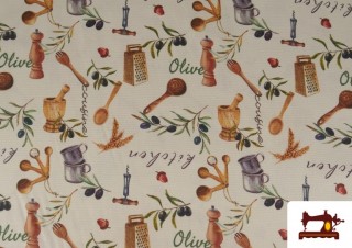 Tela de Loneta Estampado Aceitunas Para Cocina