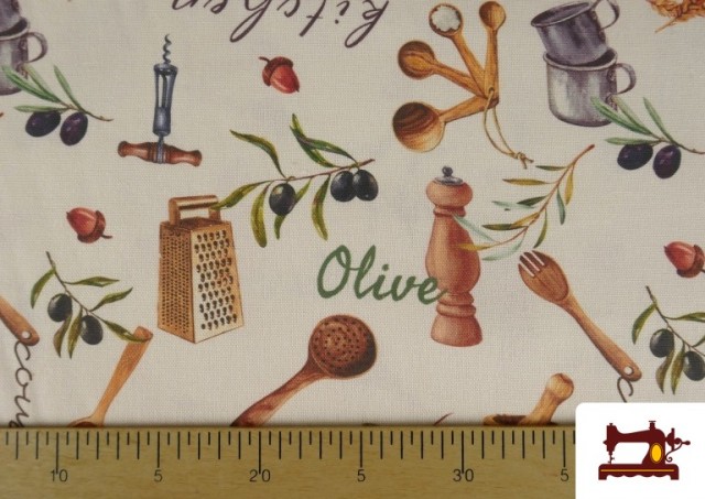 Comprar online Tela de Loneta Estampado Aceitunas Para Cocina