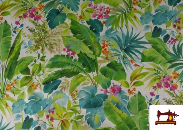 Tela de Loneta Estampado Dijital De Hojas Tropicales y Flores
