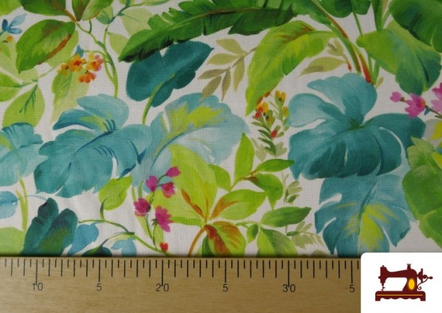 Comprar online Tela de Loneta Estampado Dijital De Hojas Tropicales y Flores