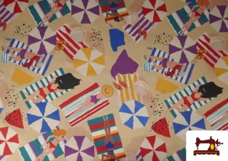 Tela de Loneta Estampado Mujeres en la Playa y Sombrillas