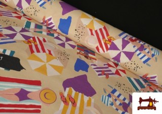 Comprar Tela de Loneta Estampado Mujeres en la Playa y Sombrillas