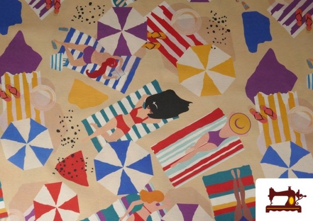 Venta de Tela de Loneta Estampado Mujeres en la Playa y Sombrillas