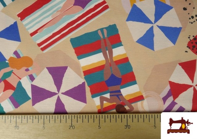 Comprar online Tela de Loneta Estampado Mujeres en la Playa y Sombrillas