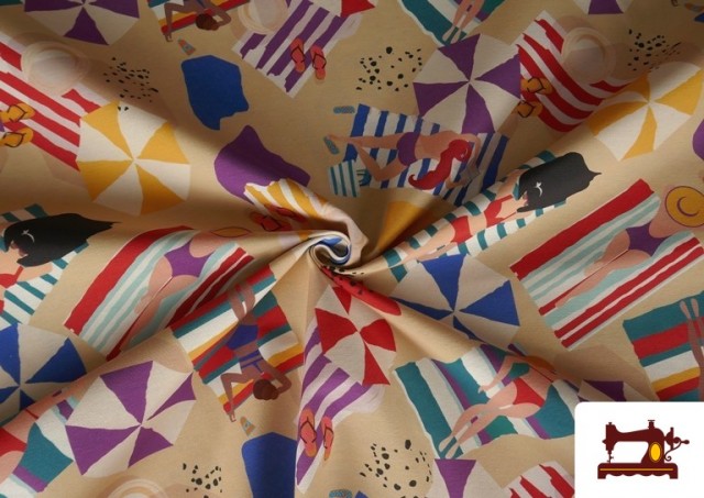 Venta online de Tela de Loneta Estampado Mujeres en la Playa y Sombrillas