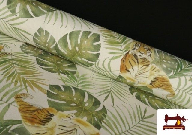 Tela de Loneta Estampado Tigres y Hojas Tropicales
