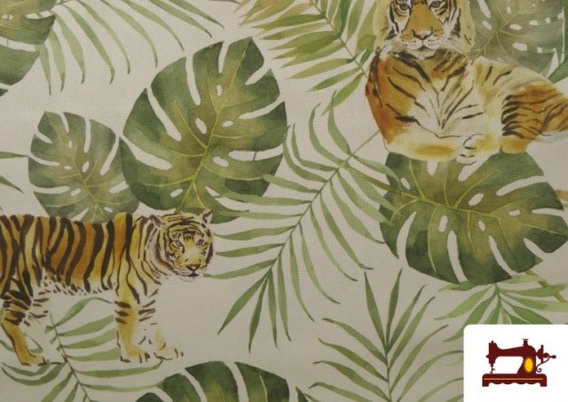 Venta de Tela de Loneta Estampado Tigres y Hojas Tropicales