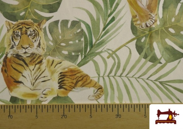 Comprar online Tela de Loneta Estampado Tigres y Hojas Tropicales