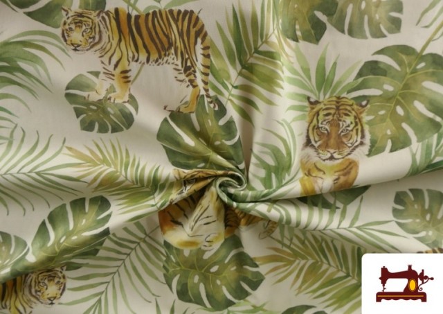 Tela de Loneta Estampado Tigres y Hojas Tropicales