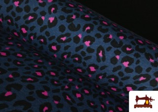 Tela de Sudadera Perchada Estampado Leopardo Fucsia y Azul