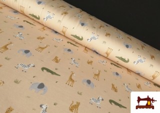 Tela de Punto de Camiseta Animales Fondo Beige